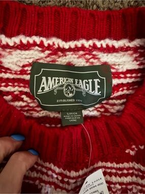 American Eagle Outfitters Red and White Striped Crewneck Sweater